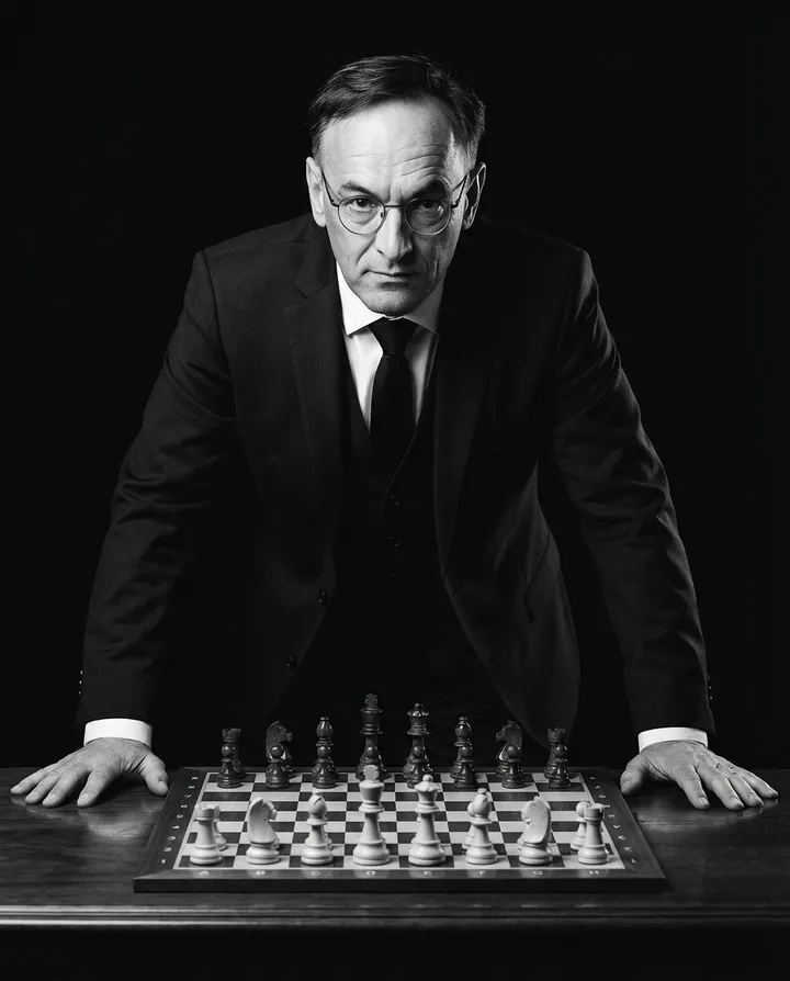 Portrait d'Éric Rocheblave, avocat, penché sur un échiquier